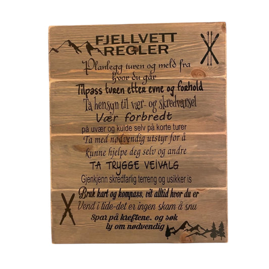 Fjellvettregler Skilt - Håndlaget Treskillt 40x50 cm