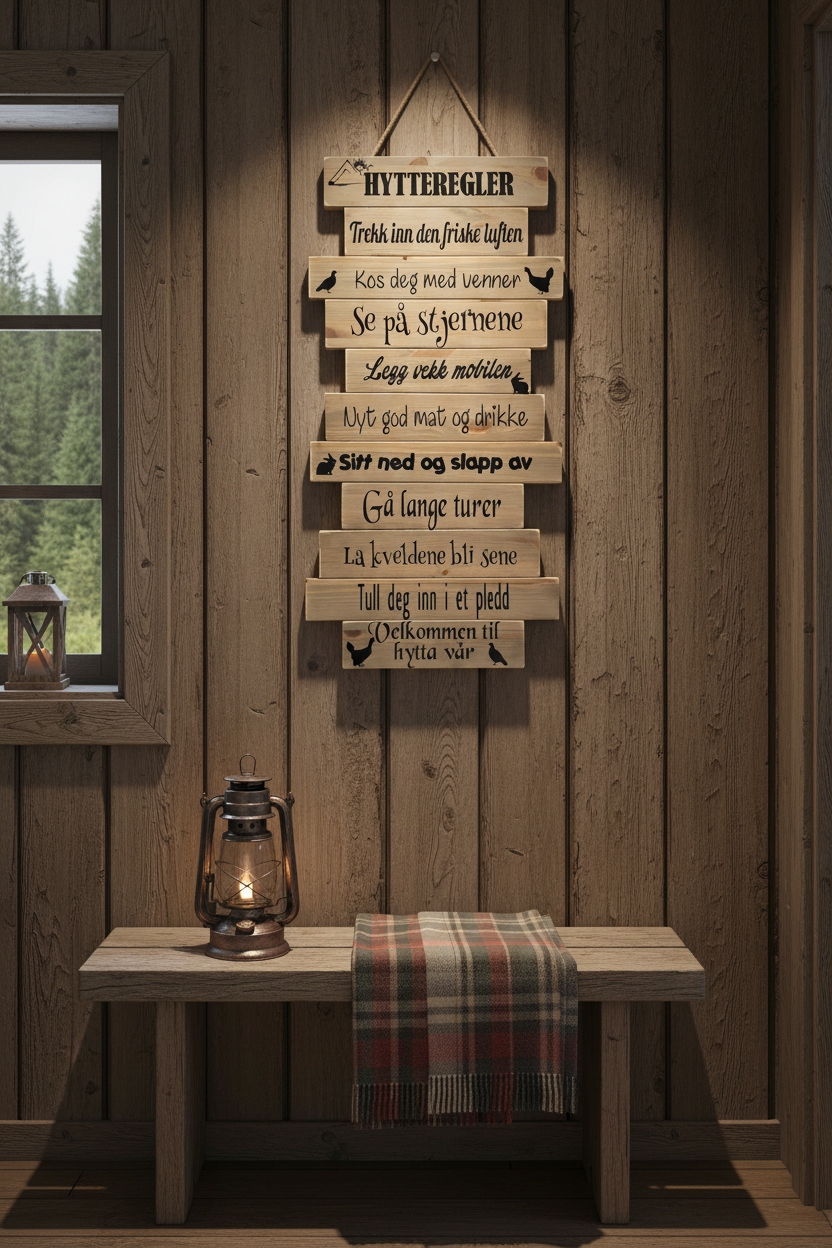 Hytteregler skilt i tre – personlig design