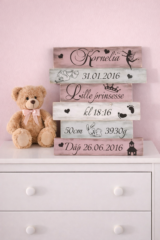 Personlig fødselstavle i tre – 45x35 cm – minnerik gave