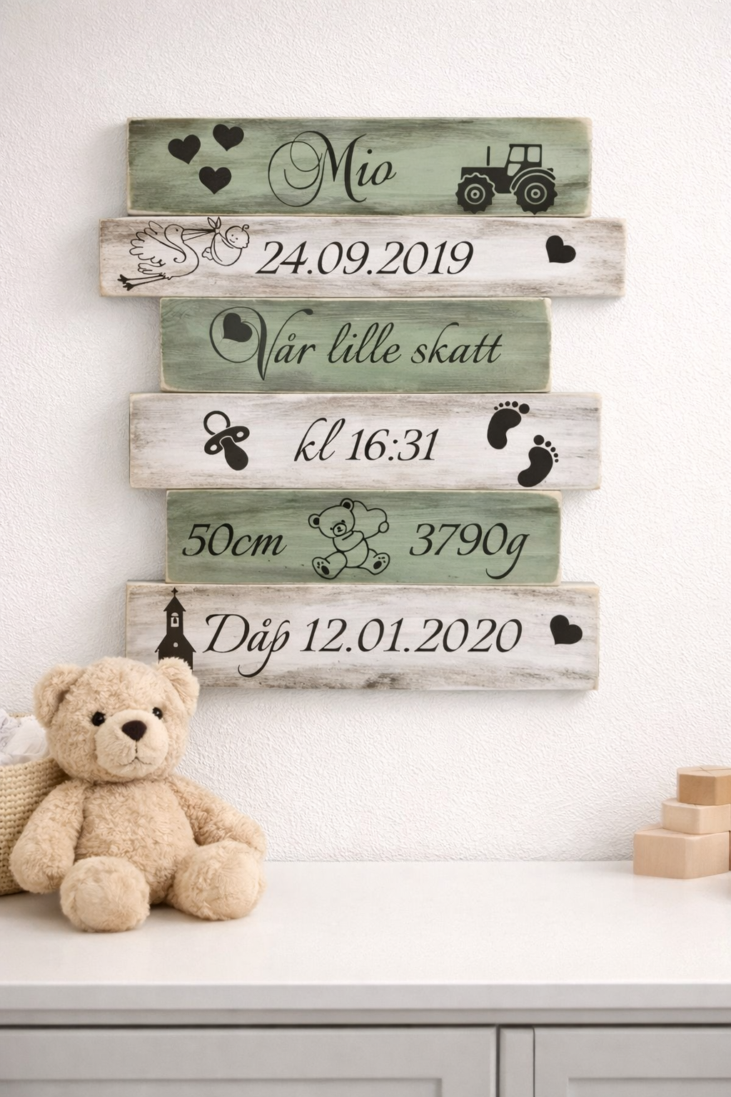 Personlig fødselstavle i tre – 45x35 cm – minnerik gave