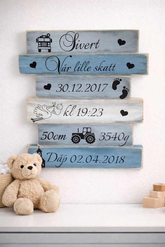 Personlig fødselstavle i tre – 45x35 cm – minnerik gave