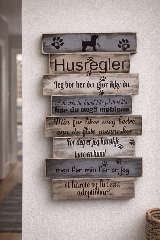 Husregler til hund og katt – treskilt 55x35 cm – personlig