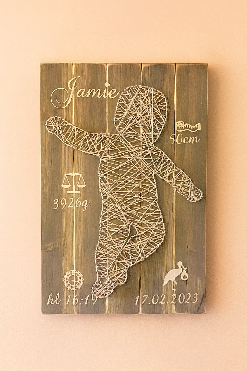 Unik og personlig tråbaby-dekor i ekte størrelse (1:1)