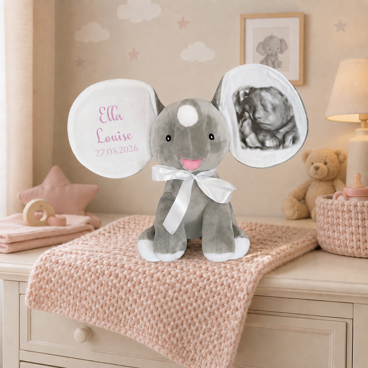 Personlig bamse- elefant med navn og  motiv