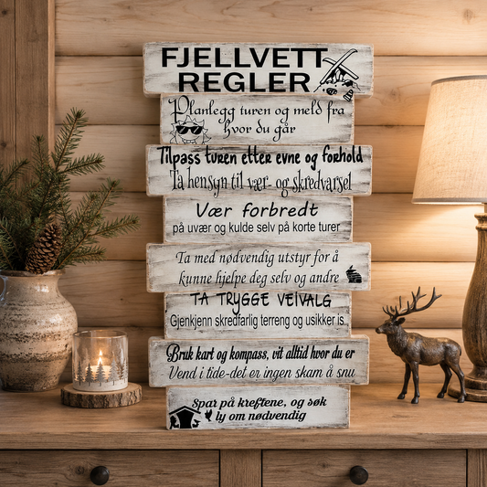 Fjellvettregler og sjøvettregler – treskilt til hytta