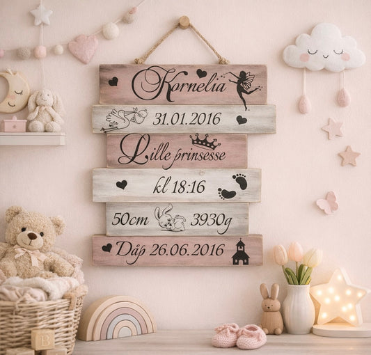 Personlig fødselstavle i tre – 45x35 cm – minnerik gave