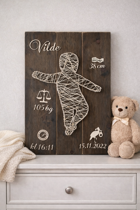 Tråbaby i 1:1 størrelse – personlig fødselsgave – håndlaget i tre