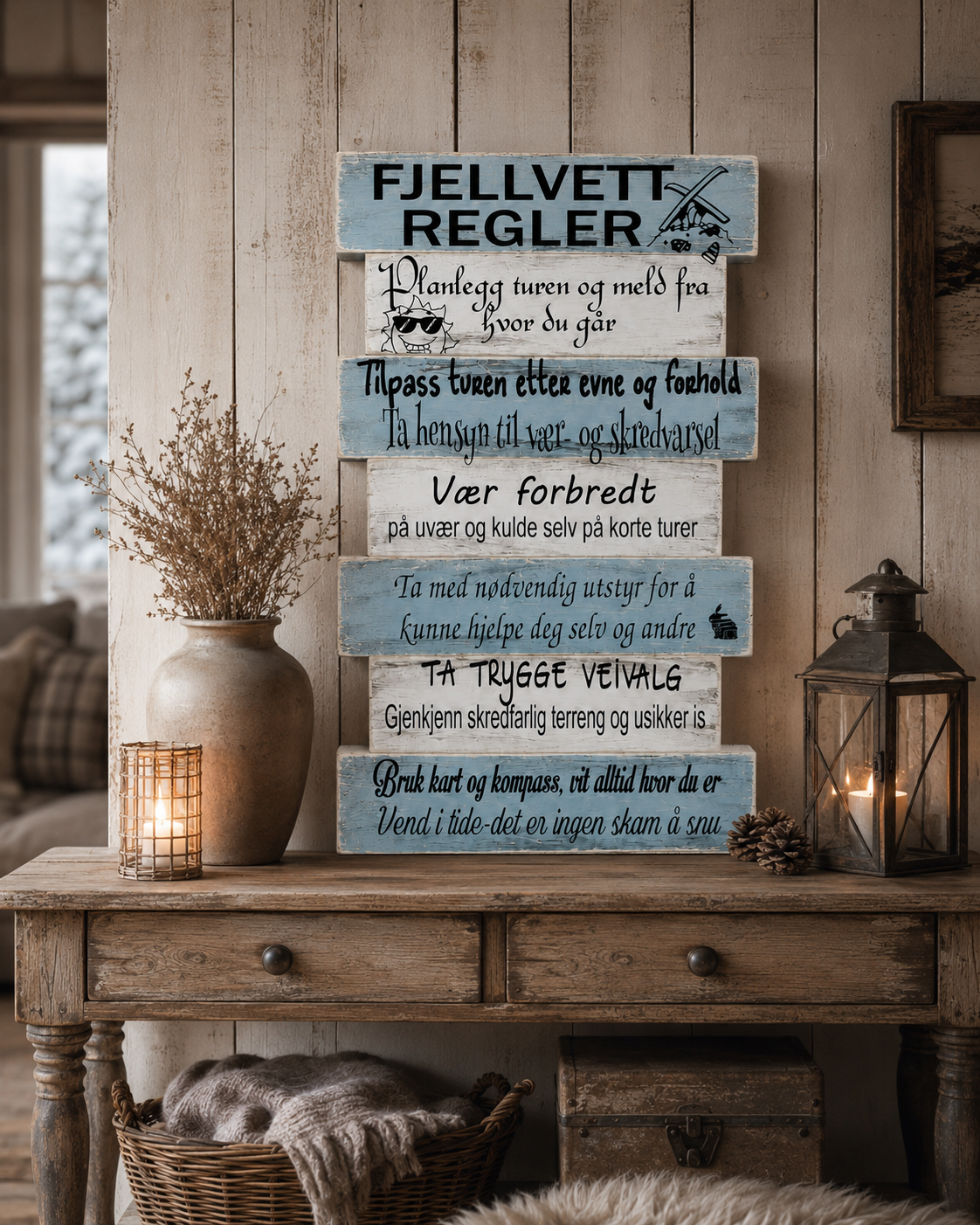 Fjellvettregler og sjøvettregler – treskilt til hytta