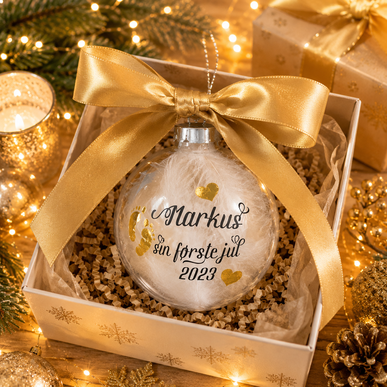 Julekule i glass – sin første jul – med navn og årstall
