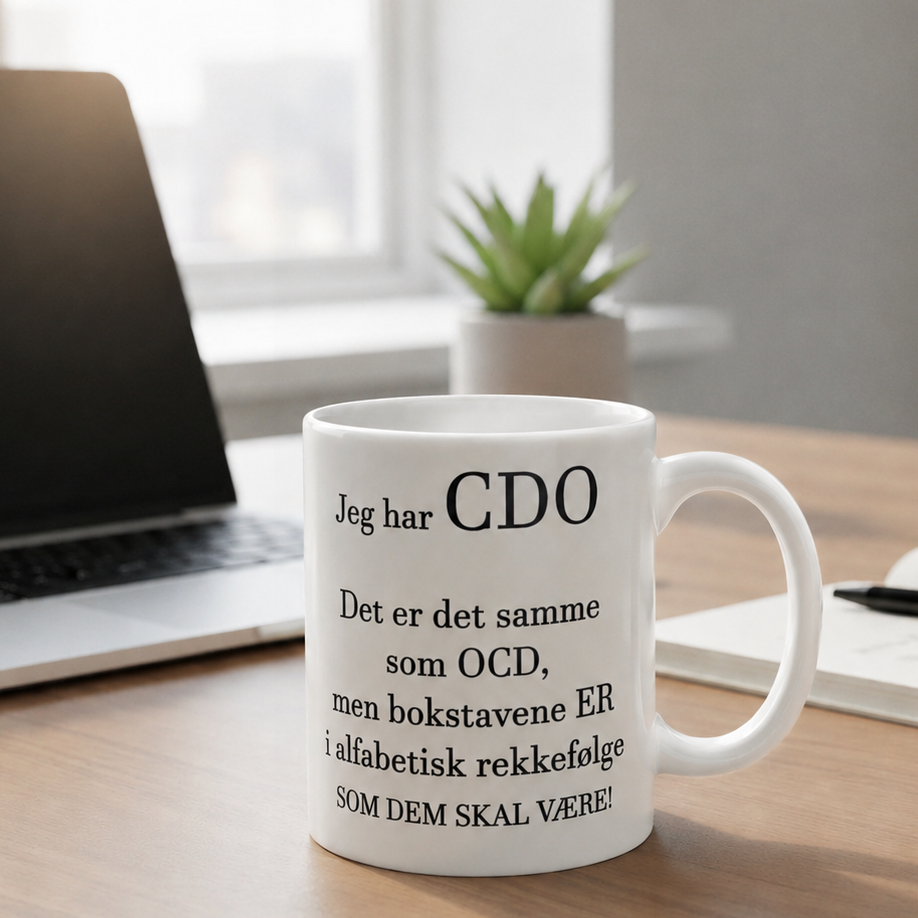 OCD-krus på norsk og engelsk – morsom gave