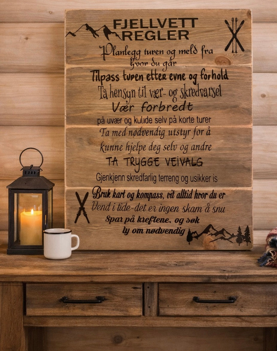 Fjellvettregler Skilt - Håndlaget Treskillt 40x50 cm