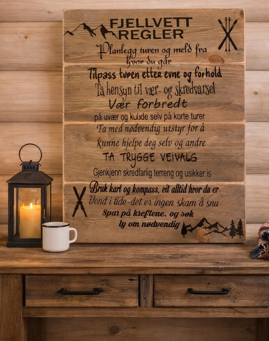 Fjellvettregler Skilt - Håndlaget Treskillt 40x50 cm