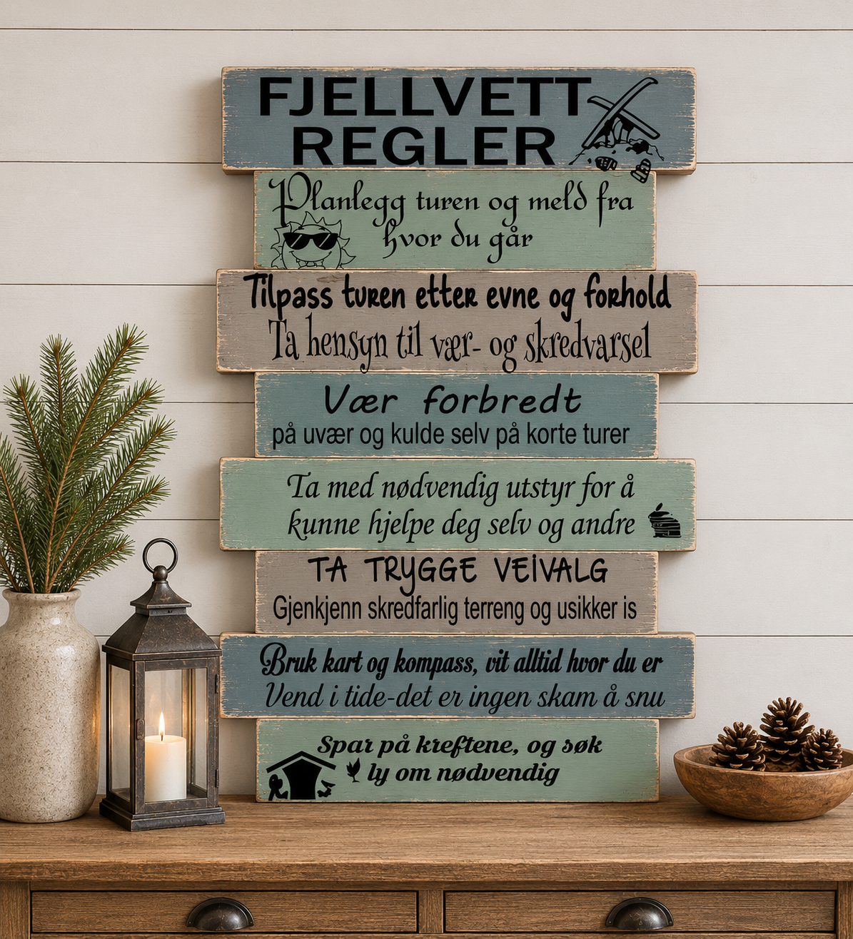 Fjellvettregler og sjøvettregler – treskilt til hytta