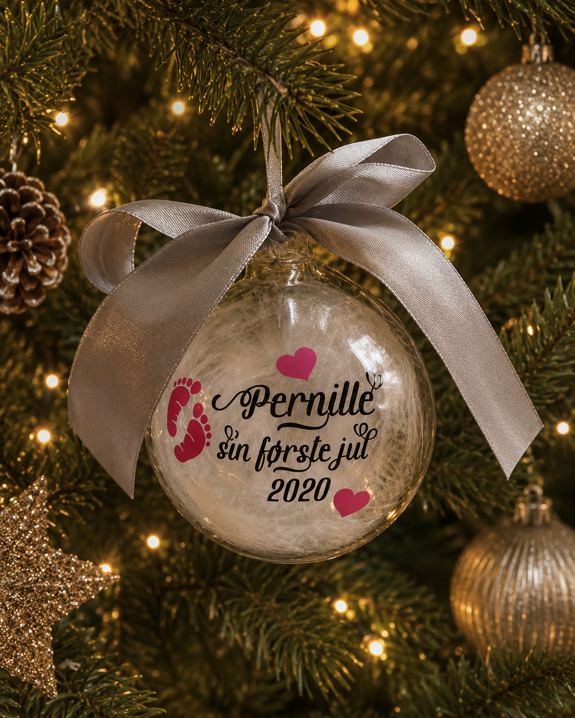 Julekule i glass – sin første jul – med navn og årstall