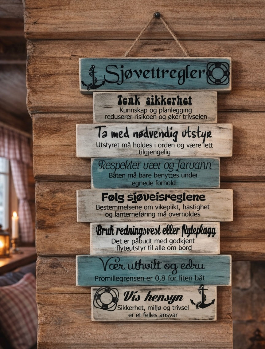 Fjellvettregler og sjøvettregler – treskilt til hytta