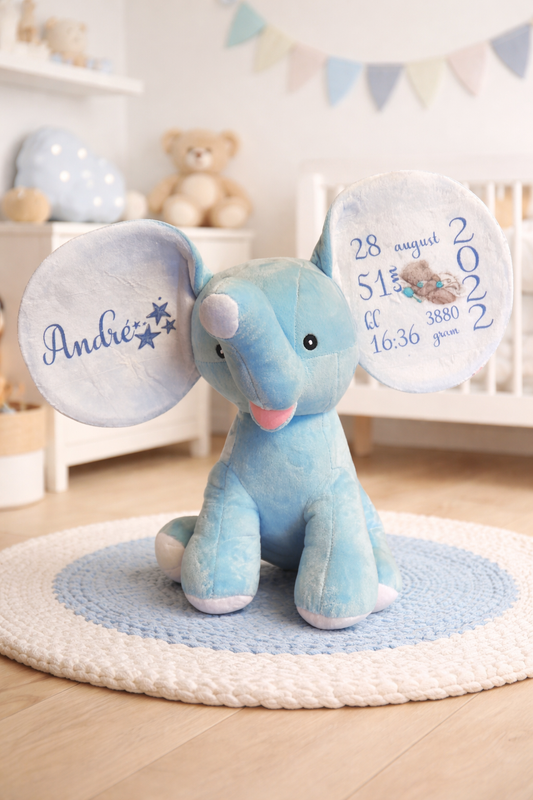 Personlig kosebamse BLÅ med navn og fødselsdato – 30 cm – Til gutt