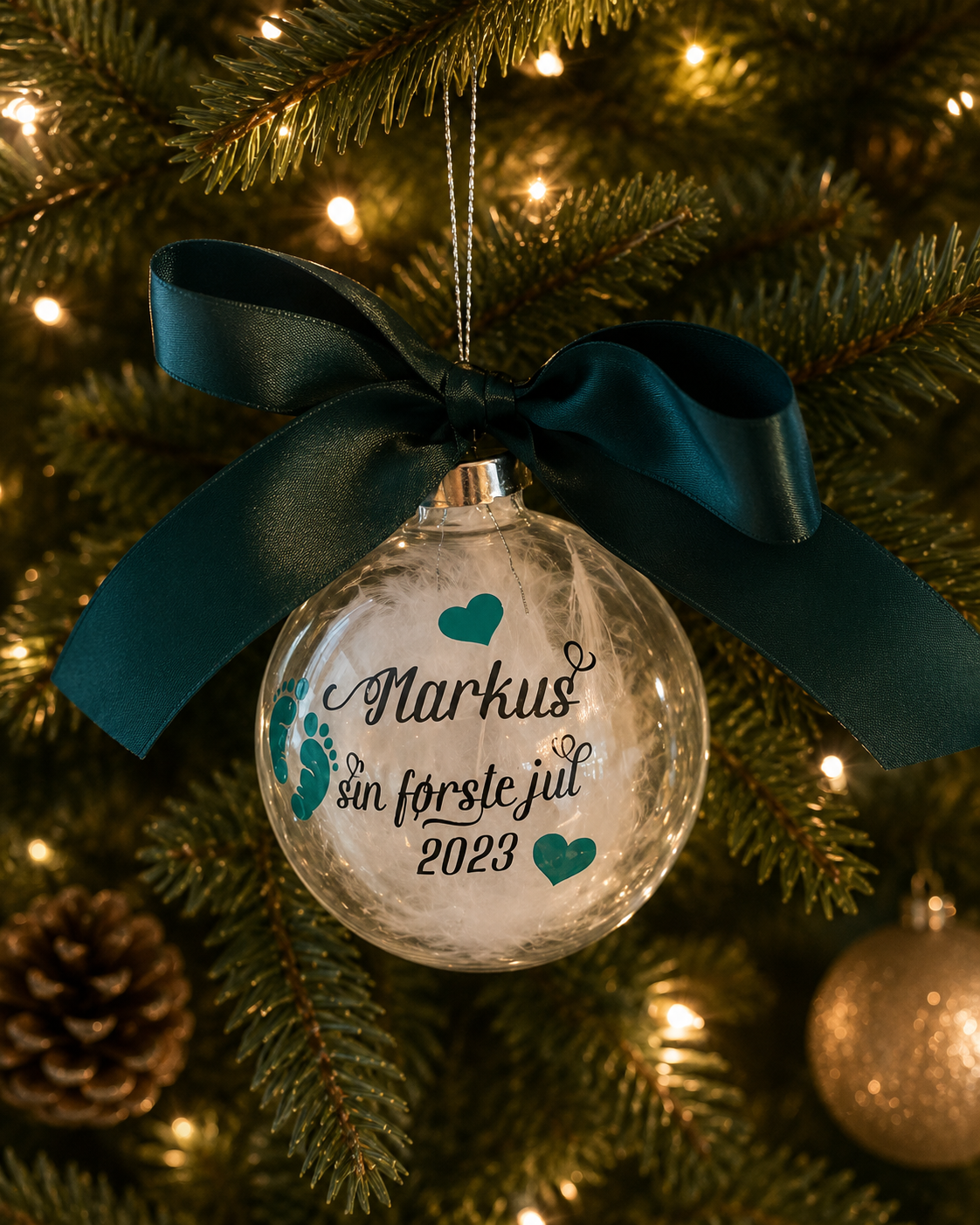 Julekule i glass – sin første jul – med navn og årstall