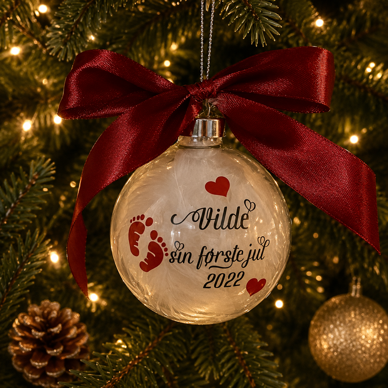 Julekule i glass – sin første jul – med navn og årstall