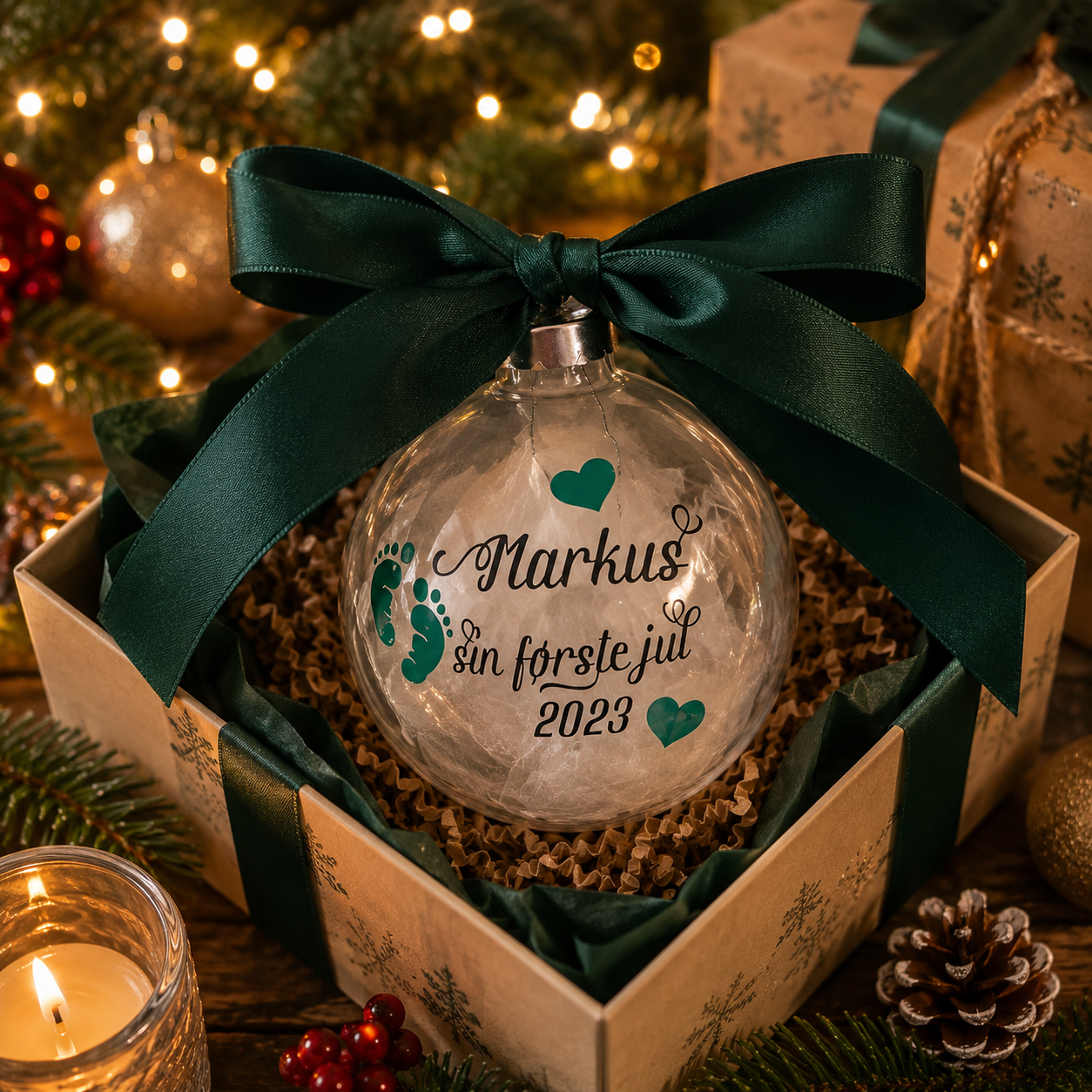 Julekule i glass – sin første jul – med navn og årstall