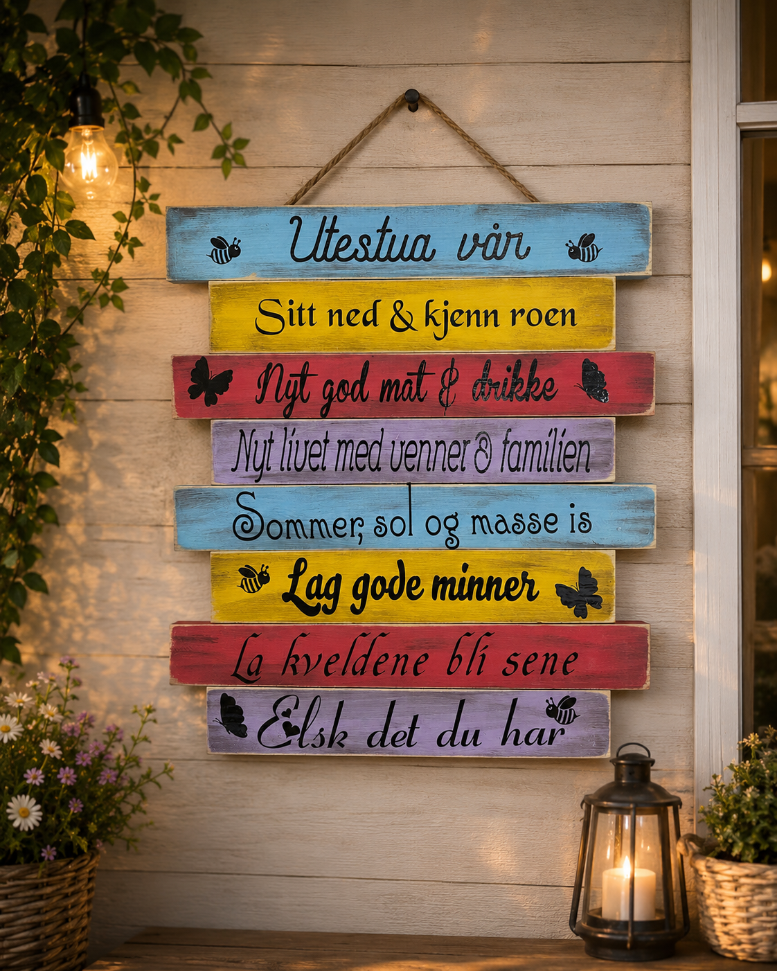 Personlig treskilt til utestua, hagestua og veranda