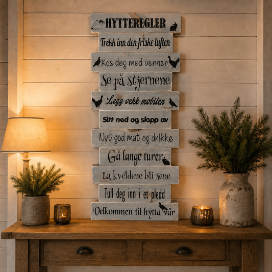 Hytteregler skilt i tre – personlig design