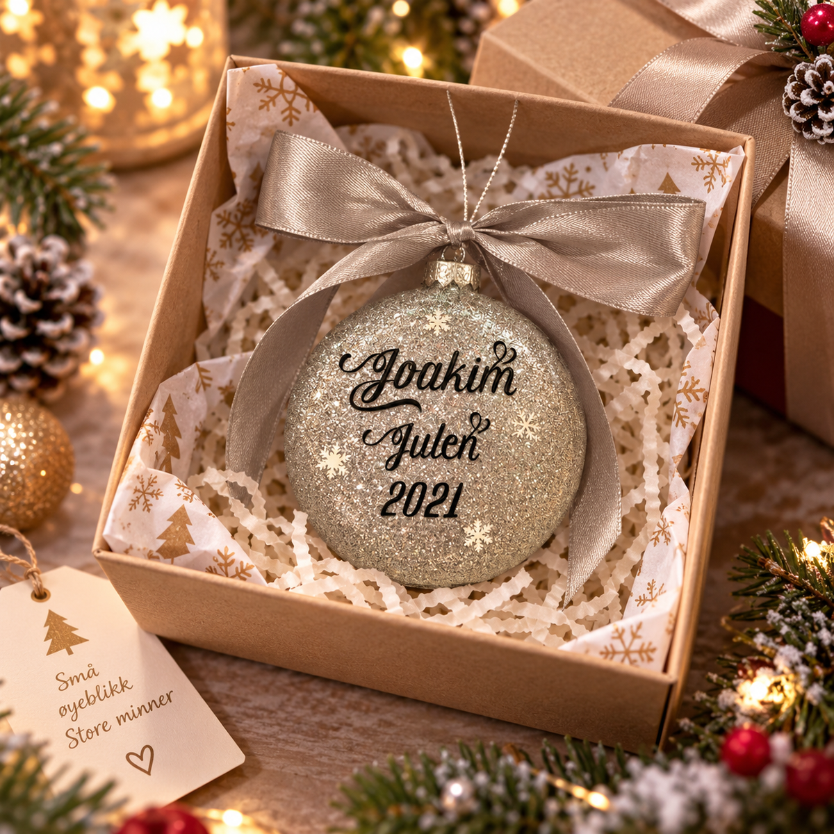 Julekule i glass med glitter – personlig tekst